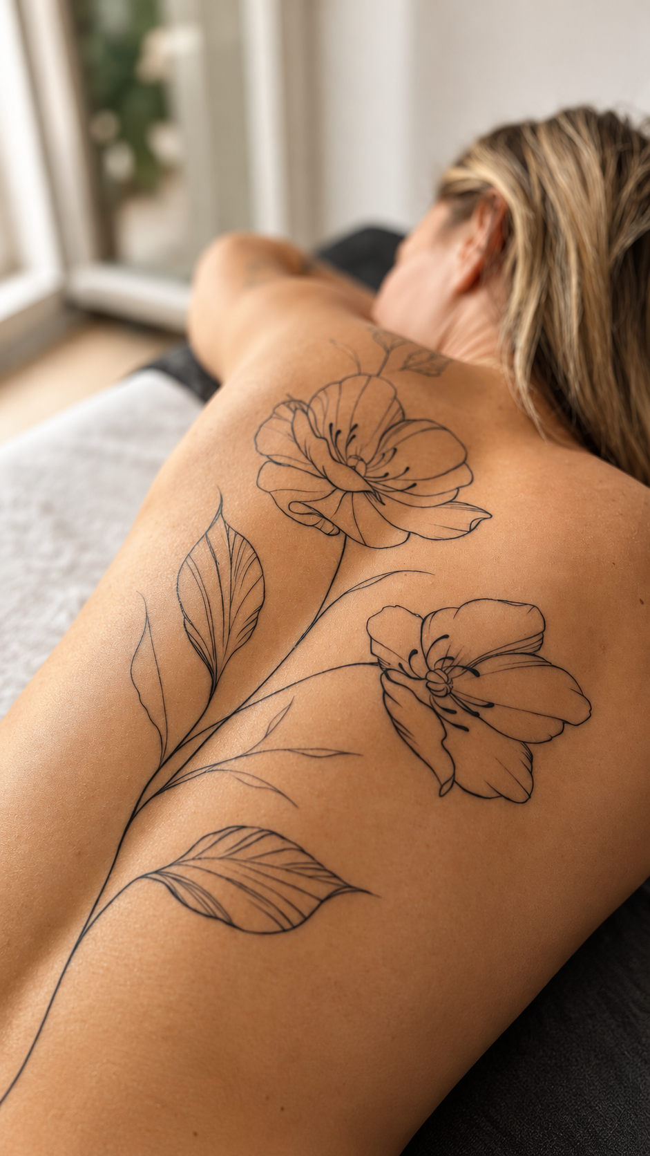 Tatuaje floral en la espalda con una composición de flores