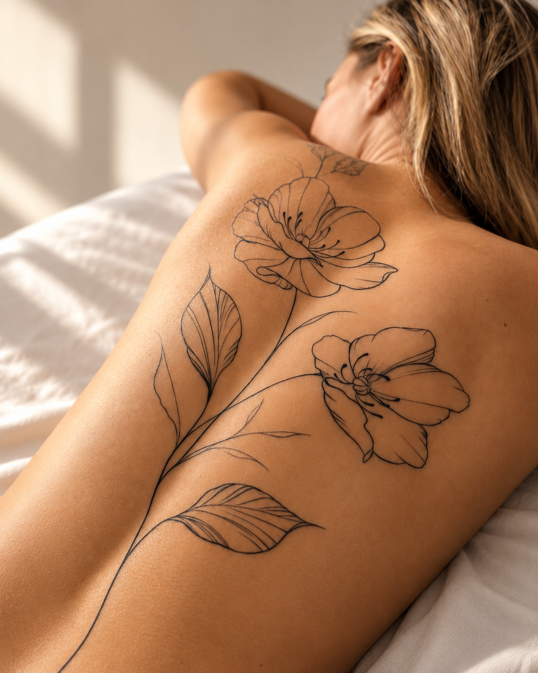 Detalle de tatuaje floral de línea fina en la espalda