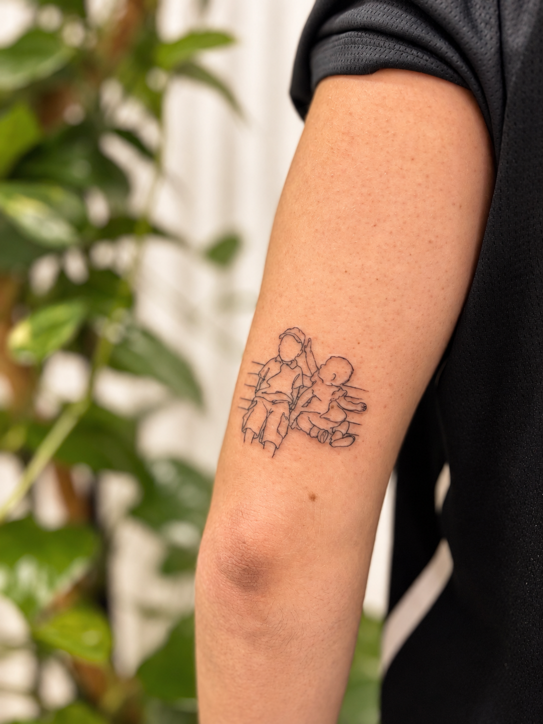 Tatuaje de dos hermanos en el brazo, de línea fina