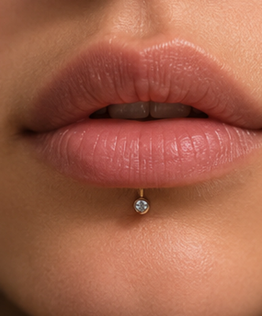 Referencia visual de piercing labret en el labio
