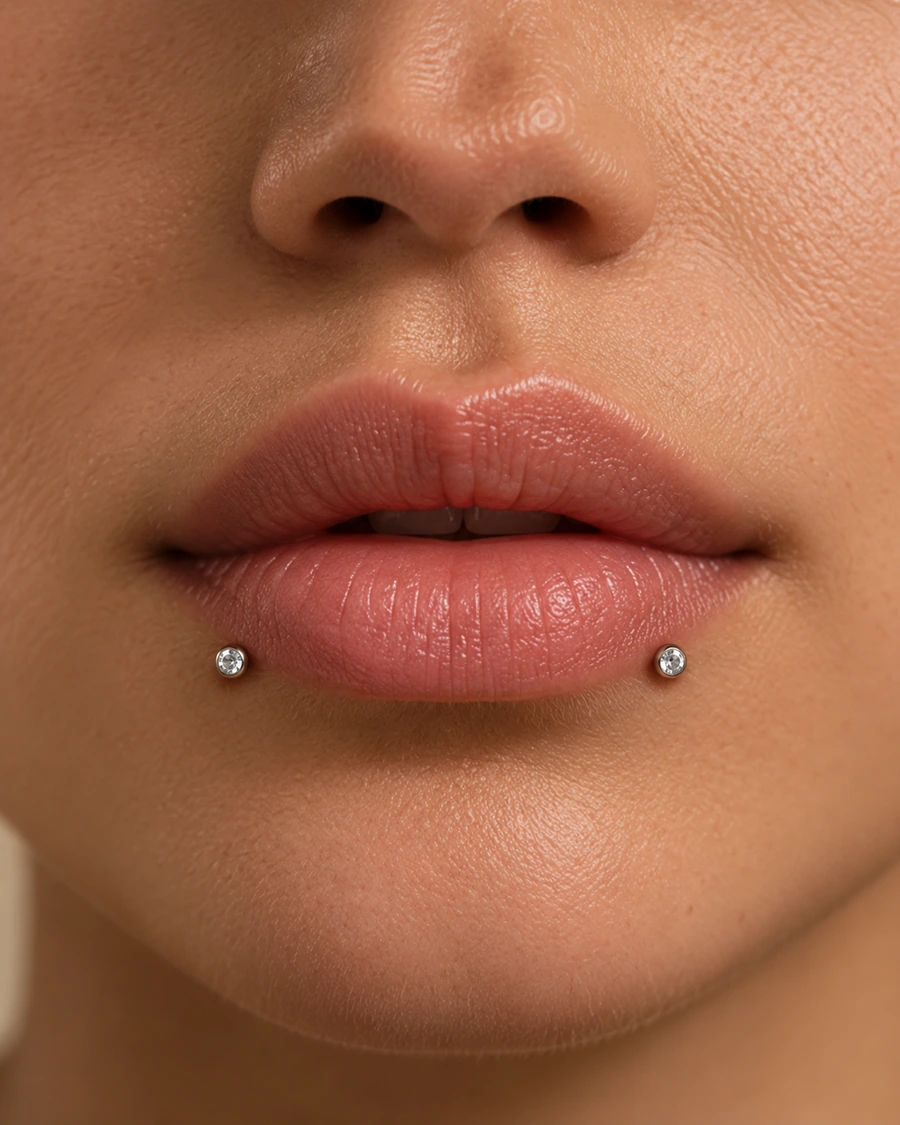 Referencia visual de piercings snake bites en el labio